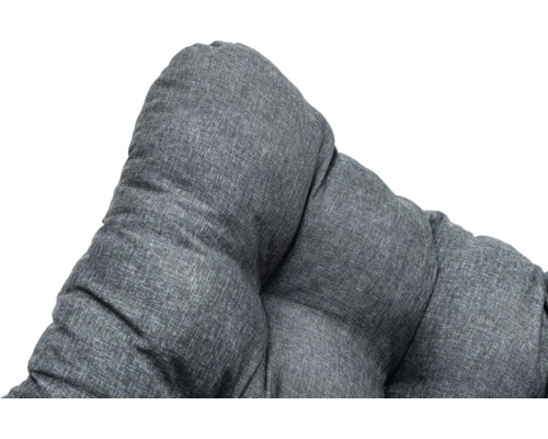 Detailansicht eines gepolsterten Rückenkissens aus dunkelgrauem Webstoff für Gartenmöbel oder Palettensofas.