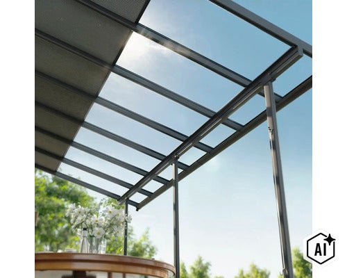 Terrassenüberdachung mit Aluminiumrahmen und teils lichtdurchlässigen Dachelementen vor blauem Himmel. (Image AI modified or generated)