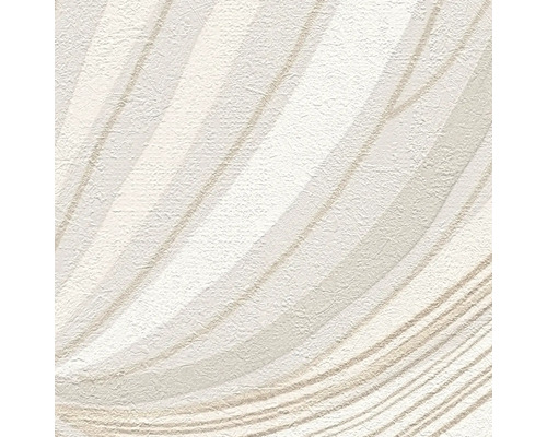 Strukturierte Vliestapete mit modernem Wellenmuster in Beige und Weiß.