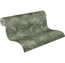 Tapetenrolle mit botanischem Blatt- und Blütenmuster in Grün und Beige.