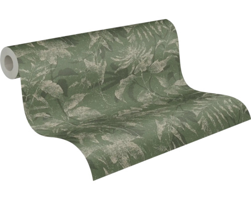 Tapetenrolle mit botanischem Blatt- und Blütenmuster in Grün und Beige.