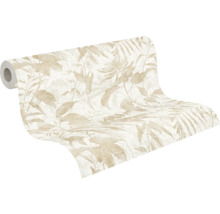 Teilweise ausgerollte Rolle Vliestapete mit floralem Blättermuster in Creme und Beige.
