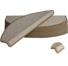 Stapel halbkreisförmige Stufenmatten aus Schlingenware mit Kettelrand und Winkelkante.