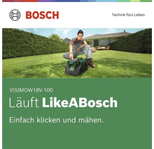 Bosch Logo. Eine Frau bedient einen Bosch Visimow 18V-100 Mähroboter auf einem gepflegten Rasen vor einem Wohnhaus.