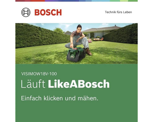 Bosch Logo. Eine Frau bedient einen Bosch Visimow 18V-100 Mähroboter auf einem gepflegten Rasen vor einem Wohnhaus.
