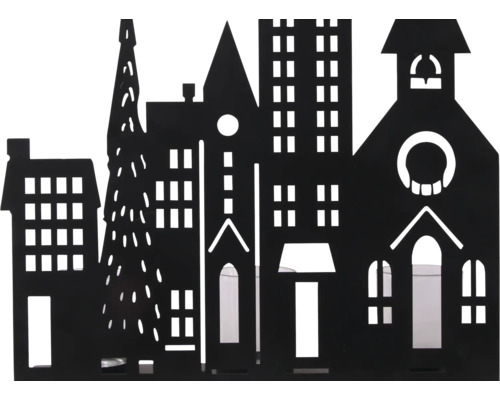 Dekorative Stadtsilhouette aus Metall in Schwarz mit Häusern, Kirche und Tannenbaum sowie integrierten Teelichthaltern aus Glas.
