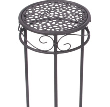 Runder Blumenständer aus Metall mit dekorativer Lochplatte und geschwungenen Verzierungen.