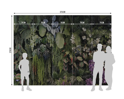 Fototapete mit Dschungel-Motiv aus Pflanzen und Farnen, 375 mal 270 Zentimeter, 5 Bahnen zu je 75 Zentimetern, Silhouetten zum Größenvergleich.