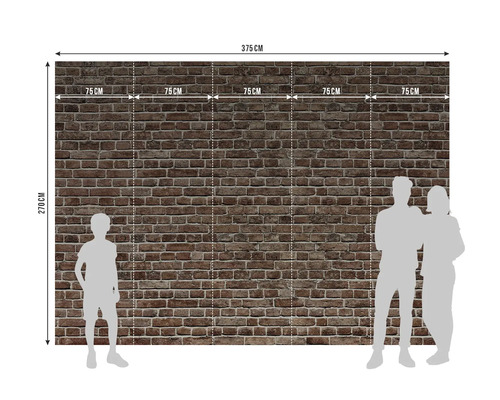 Fototapete in Backsteinoptik, 375 Zentimeter breit und 270 Zentimeter hoch, unterteilt in fünf Bahnen zu je 75 Zentimeter.