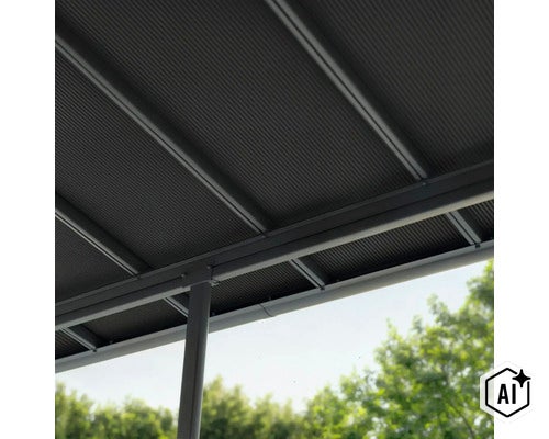 Terrassendach mit Profilplatten und Metallunterkonstruktion von unten gesehen (Image AI modified or generated)