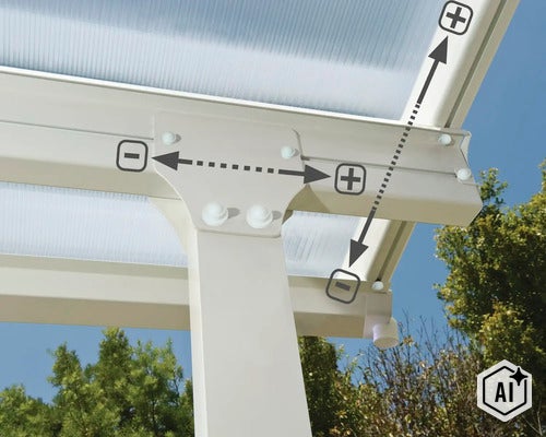 Detailansicht der verstellbaren Stützen einer Terrassenüberdachung mit Symbolen für die Einstellbarkeit der Höhe und Breite. (Image AI modified or generated)