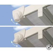 Detailansicht eines verstellbaren Regenrinnenablaufs an einer Terrassenüberdachung mit Pfeilsymbolik für die Schwenkbarkeit. (Image AI modified or generated)