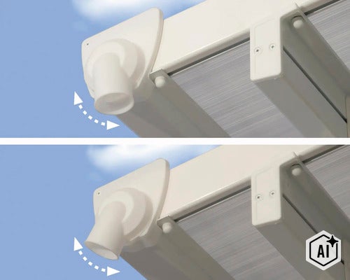 Detailansicht eines verstellbaren Regenrinnenablaufs an einer Terrassenüberdachung mit Pfeilsymbolik für die Schwenkbarkeit. (Image AI modified or generated)