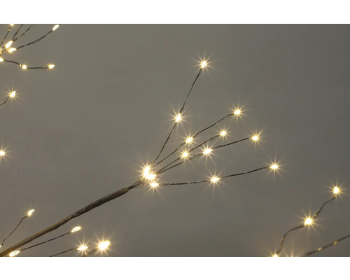 Brauner LED-Zweig mit warmweißen Mikro-LEDs an biegsamen Drähten für dekorative Beleuchtung.