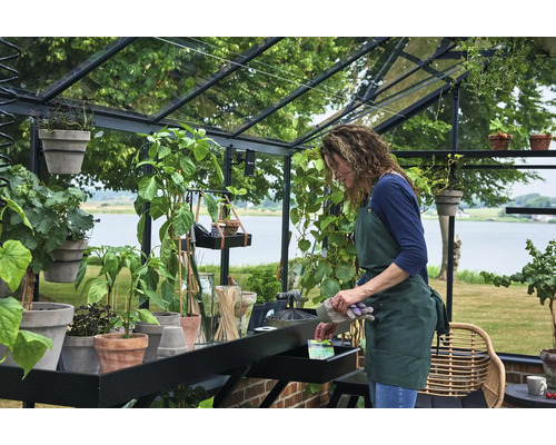 Frau mit Schürze bei der Gartenarbeit in einem hellen, organisierten Gewächshaus mit schwarzem Metallrahmen und verschiedenen Topfpflanzen.