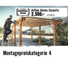 Handwerker montiert einen Holz-Carport mit einem Akkuschrauber von einer Leiter aus. Hornbach Handwerker-Service Montagepreiskategorie 4.