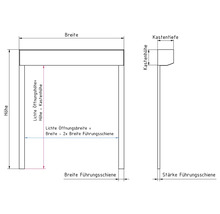 Maßzeichnung für einen Rollladen mit Angaben zu Breite, Höhe, Kastenmaßen und Führungsschienen.