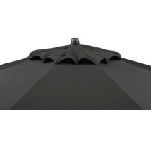 Nahaufnahme der Windöffnung eines schwarzen Sonnenschirms aus Stoff.