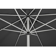 Sonnenschirm Innenansicht mit Metallgestell und anthrazitfarbenem Stoff.