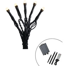 LED-Solar-Gartenleuchten Set mit fünf Leuchten, Solarpanel, Erdspießen und Fernbedienung. Warmweißes Licht und schwarze Kabel für den Außenbereich.