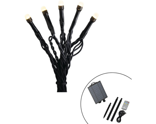 LED-Solar-Gartenleuchten Set mit fünf Leuchten, Solarpanel, Erdspießen und Fernbedienung. Warmweißes Licht und schwarze Kabel für den Außenbereich.