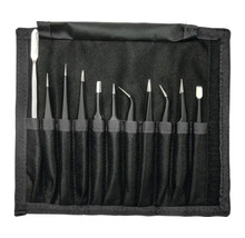 Pinzetten-Set mit Spatel in schwarzer Stofftasche, 10-teilig, verschiedene Spitzenformen aus Edelstahl.