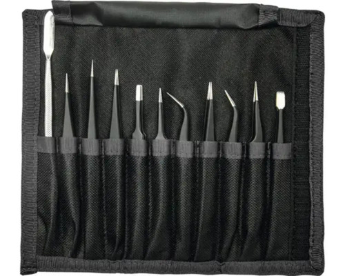 Pinzetten-Set mit Spatel in schwarzer Stofftasche, 10-teilig, verschiedene Spitzenformen aus Edelstahl.