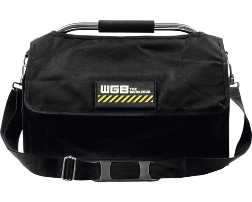 WGB Werkzeugtasche aus schwarzem Textilgewebe mit Metalltragegriff und verstellbarem Schultergurt.