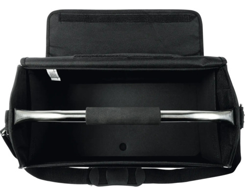 Offene Werkzeugtasche mit Metalltragegriff und gepolstertem Griff, großem Hauptfach und Schultergurt.
