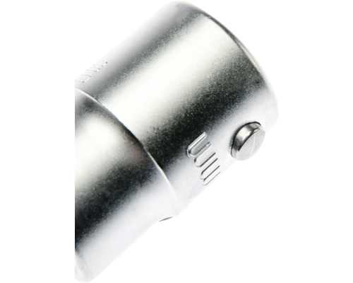 Nahaufnahme eines Steckschlüsseleinsatzes aus Metall mit Arretierungsknopf und Millimeter Markierung.