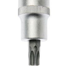 Silberner Steckschlüsseleinsatz mit Torx-Bit aus Metall mit gerändeltem Rand.