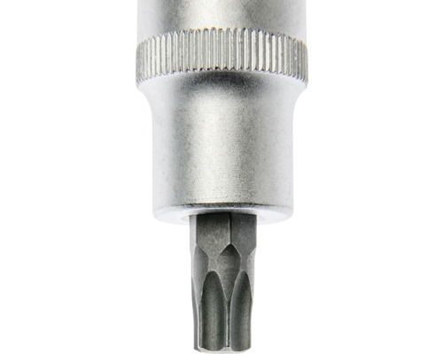 Silberner Steckschlüsseleinsatz mit Torx-Bit aus Metall mit gerändeltem Rand.