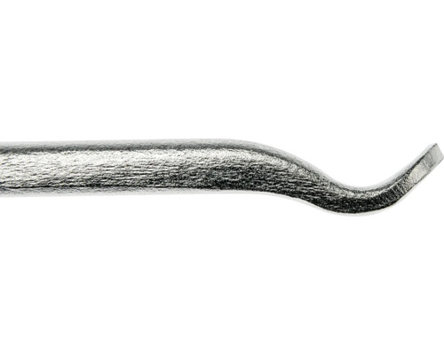 Detailansicht der gebogenen Spitze eines Brecheisens aus Metall.