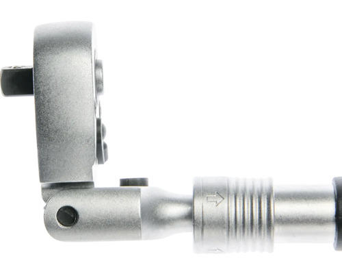 Detailansicht einer Gelenk-Umschaltknarre aus Metall mit verstellbarem Kopf.