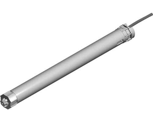Rohrmotor für Rollläden oder Markisen, zylinderförmiges Gehäuse aus Metall mit Stromanschlusskabel.