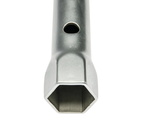 Rohrsteckschlüssel aus Metall mit Sechskantprofil und Querbohrung.