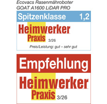 Ecovacs Rasenmähroboter GOAT A1600 LiDAR PRO, Note 1,2 Spitzenklasse und Empfehlung von Heimwerker Praxis 3/26, Preis-Leistung gut bis sehr gut.