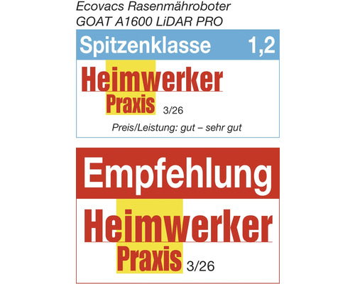 Ecovacs Rasenmähroboter GOAT A1600 LiDAR PRO, Note 1,2 Spitzenklasse und Empfehlung von Heimwerker Praxis 3/26, Preis-Leistung gut bis sehr gut.