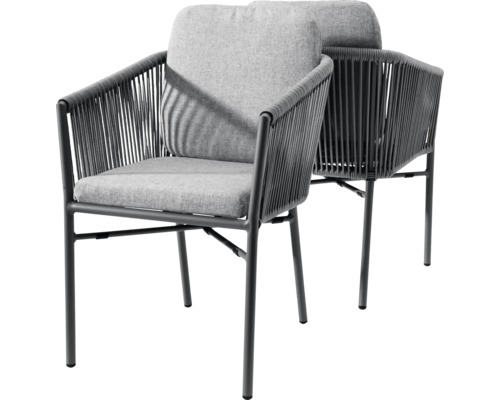 Zwei graue Gartenstühle mit Metallgestell, Seilbespannung sowie Sitzkissen und Rückenkissen aus Stoff.