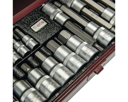 WGB Steckschlüsseleinsätze Set mit Innensechskant-Bits aus Metall ordentlich sortiert in einem Werkzeugkoffer mit WGB Logo.