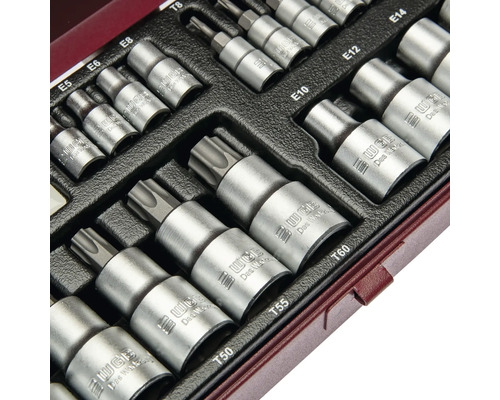WGB Steckschlüsselsatz mit verschiedenen Torx-Einsätzen aus mattem Stahl in einer Kunststoffeinlage.