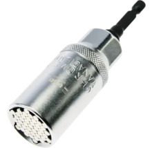 Universal-Steckschlüssel aus Chrom-Vanadium mit gefederten Stahlstiften und Bit-Adapter für Bohrmaschinen.