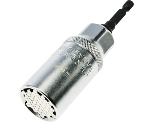 Universal-Steckschlüssel aus Chrom-Vanadium mit gefederten Stahlstiften und Bit-Adapter für Bohrmaschinen.