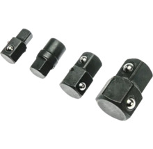 Vierteiliges Set schwarzer Metall-Steckschlüsseladapter in verschiedenen Größen mit Kugelarretiervorrichtung.