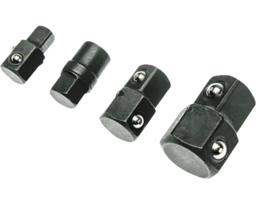 Vierteiliges Set schwarzer Metall-Steckschlüsseladapter in verschiedenen Größen mit Kugelarretiervorrichtung.