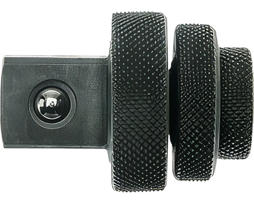 Steckschlüssel-Adapter aus Metall mit gerändelten Griffflächen und Kugelverriegelung am Vierkant.