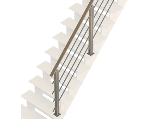 Treppengeländer mit Handlauf aus Holz, Pfosten und horizontalen Edelstahlstäben.