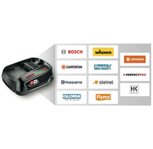 Bosch Power For All Alliance Akku mit Übersicht der teilnehmenden Markenlogos.