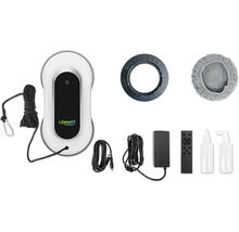 LifenaXX Fensterreinigungsroboter Set mit Sicherheitsseil, Fernbedienung, Netzteil, Mikrofasertuch und Sprühflaschen.