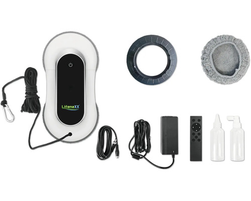 LifenaXX Fensterreinigungsroboter Set mit Sicherheitsseil, Fernbedienung, Netzteil, Mikrofasertuch und Sprühflaschen.